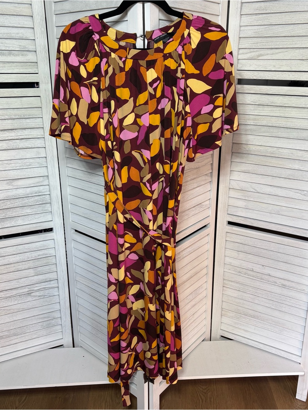 Maggy London Abstract Print Midi Dress Size 4 Belted Flutter Sleeve